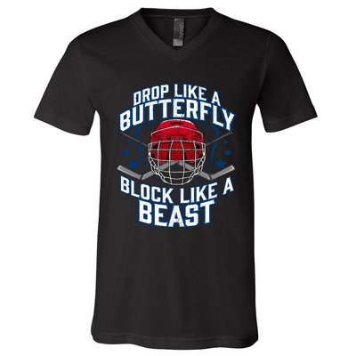 Ice Hockey Goalie Block Like A Beast Player Boy Teen V-Neck T-Shirt