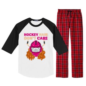 Ice Hockey Helmet Hair Sport Dont Care Great Gift Raglan Sleeve Pajama Set