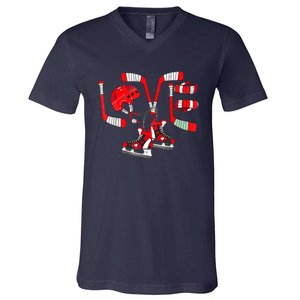 Ice Hockey Heart Valentines Day Love Gifts Goalie V-Neck T-Shirt