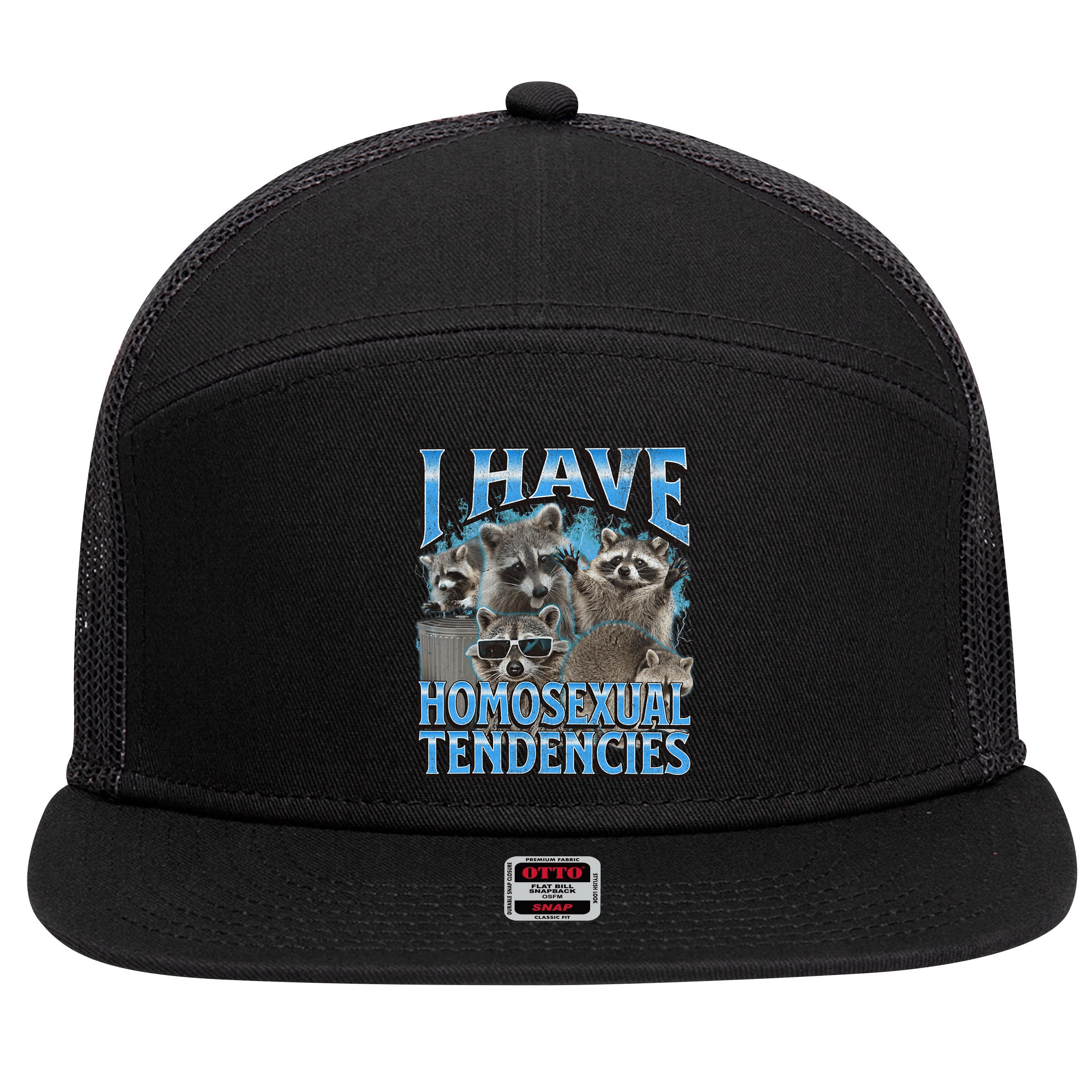 I Have Homosexual Tendencies Funny Raccoon Meme Bootleg 7 Panel Mesh Trucker Snapback Hat