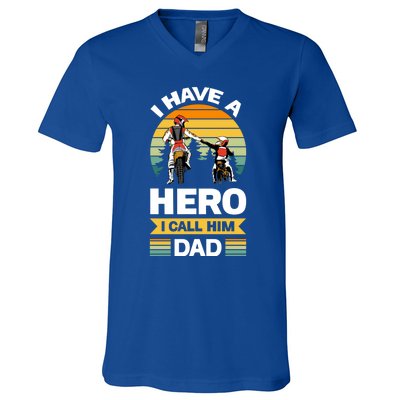 I Have Hero I Call Him Dad Son Daughter Father Biker Gift V-Neck T-Shirt