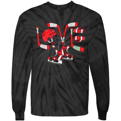 Ice Hockey Heart Valentines Day Love Gifts Goalie Tie-Dye Long Sleeve Shirt