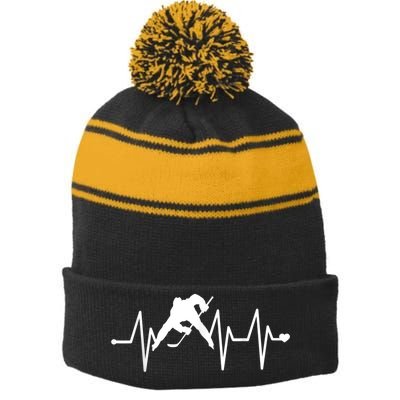 Ice Hockey Heartbeat Stripe Pom Pom Beanie