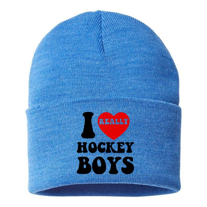 I Heart Hockey I Love Hockey Family Matching Retro Gift Sustainable Knit Beanie