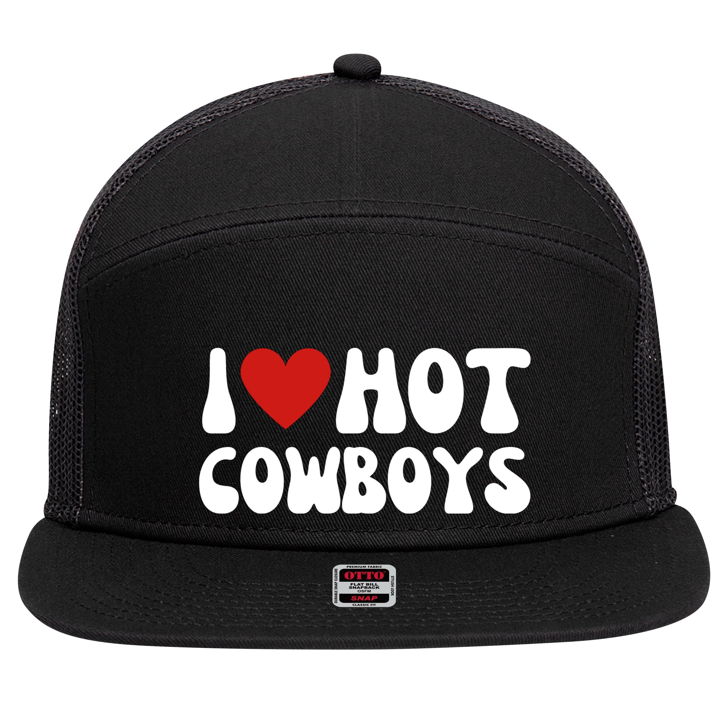 I Heart Hot Cowboys Love Funny 7 Panel Mesh Trucker Snapback Hat
