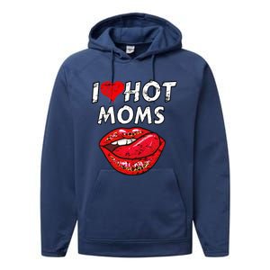 I Heart Hot Moms Funny Red Heart Love Moms Great Gift Performance Fleece Hoodie