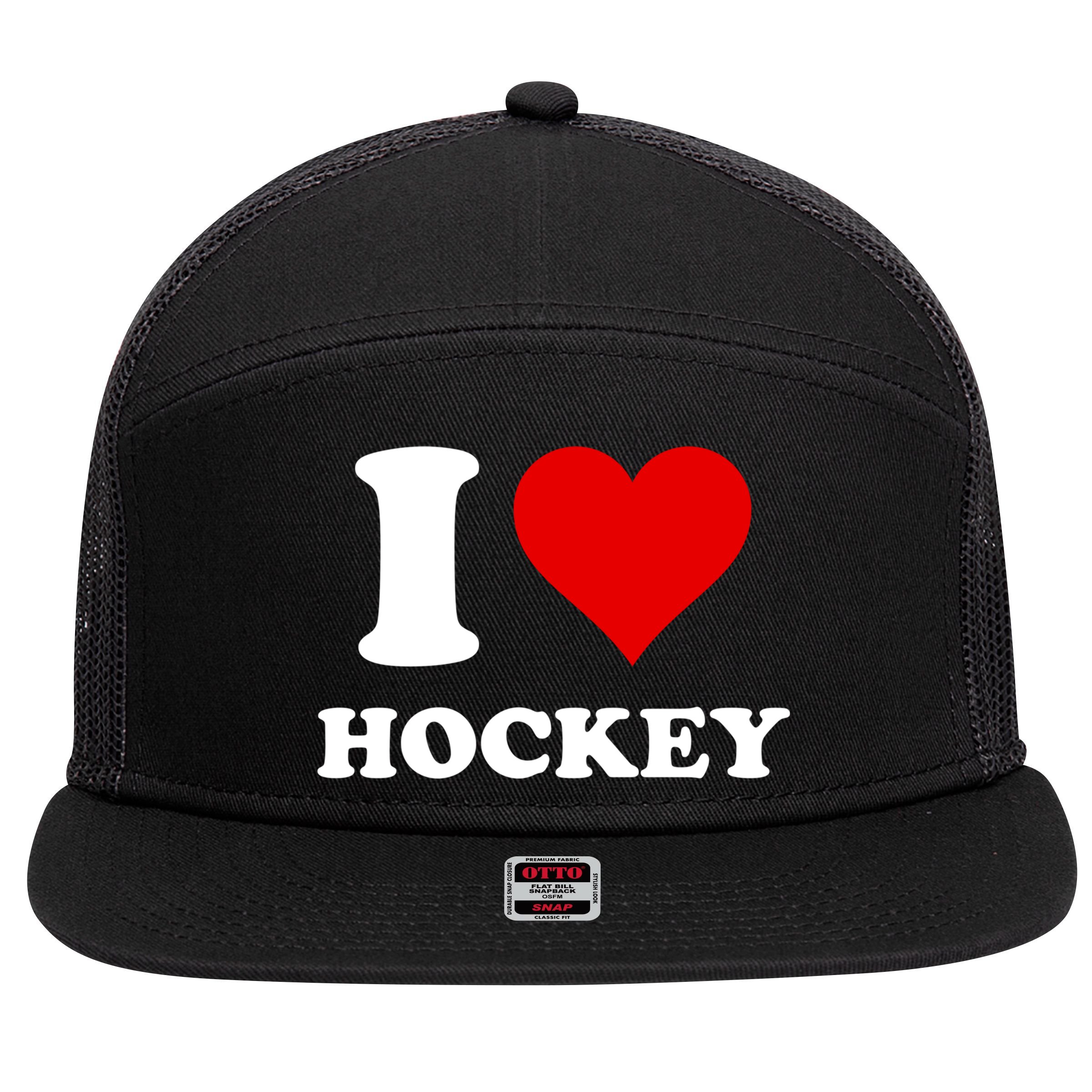 I Heart Hockey I Love Hockey Gift 7 Panel Mesh Trucker Snapback Hat
