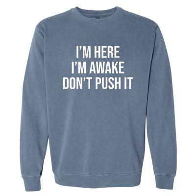 IM Here IM Awake DonT Push It Garment-Dyed Sweatshirt