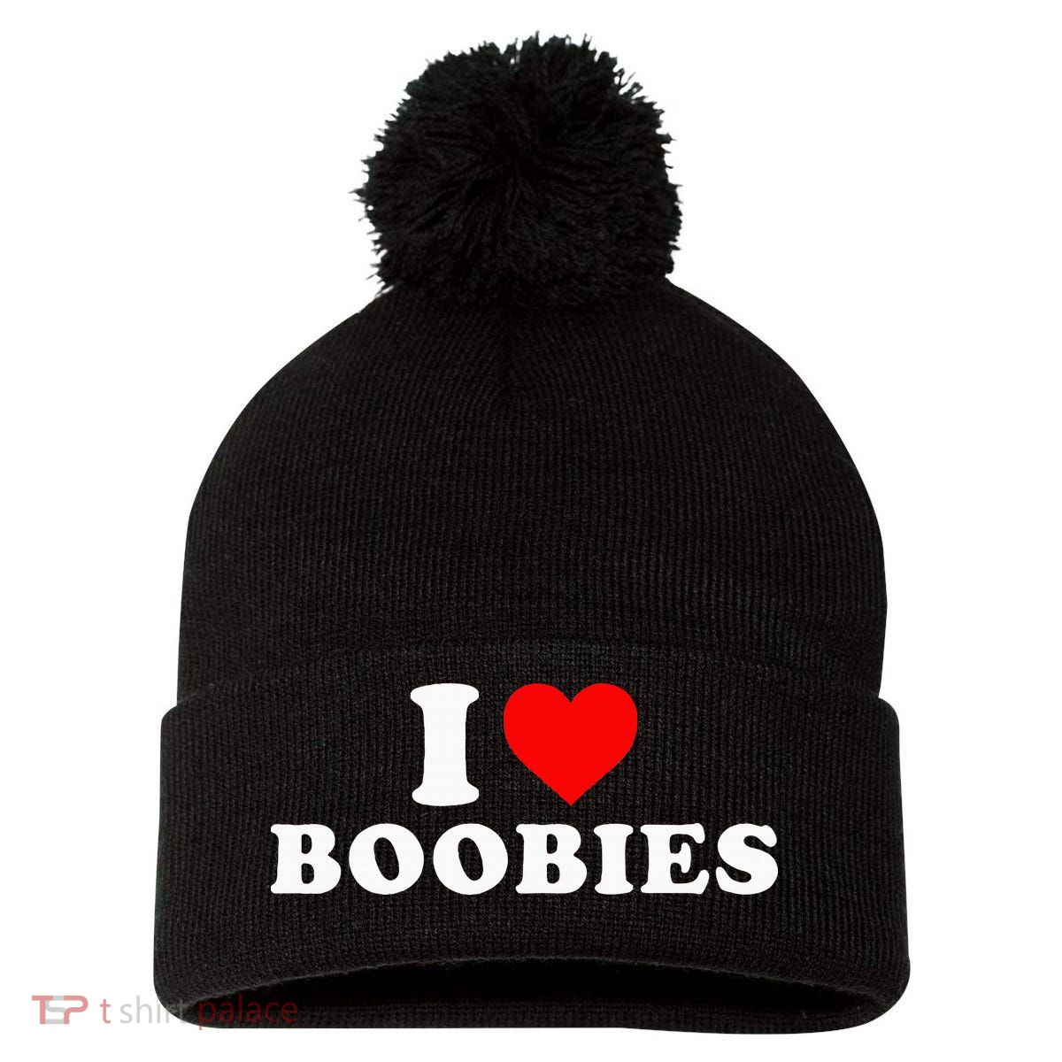 I Heart Love Boobies Pom Pom 12in Knit Beanie