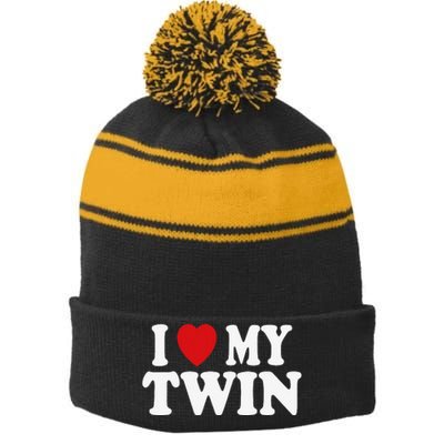 I HEART LOVE MY TWIN Stripe Pom Pom Beanie