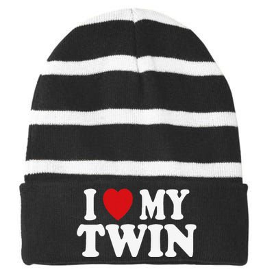 I HEART LOVE MY TWIN Striped Beanie with Solid Band