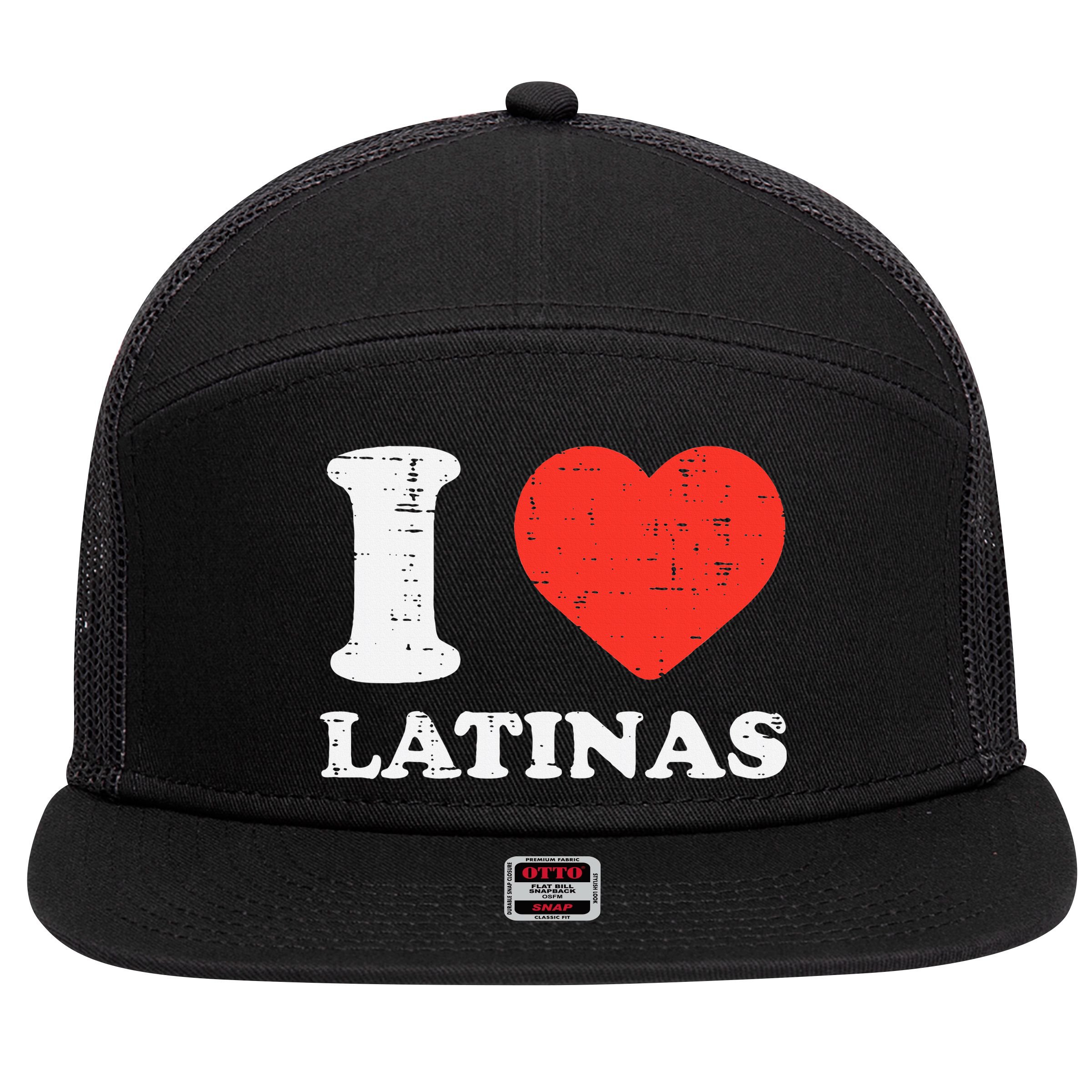 I Heart Latinas Funny Love Latinx Mom Girlfriend Wife 7 Panel Mesh Trucker Snapback Hat