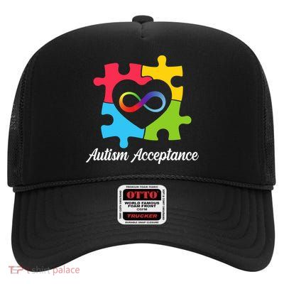 Infinity Heart Love Autism Awareness Acceptance High Crown Mesh Back Trucker Hat