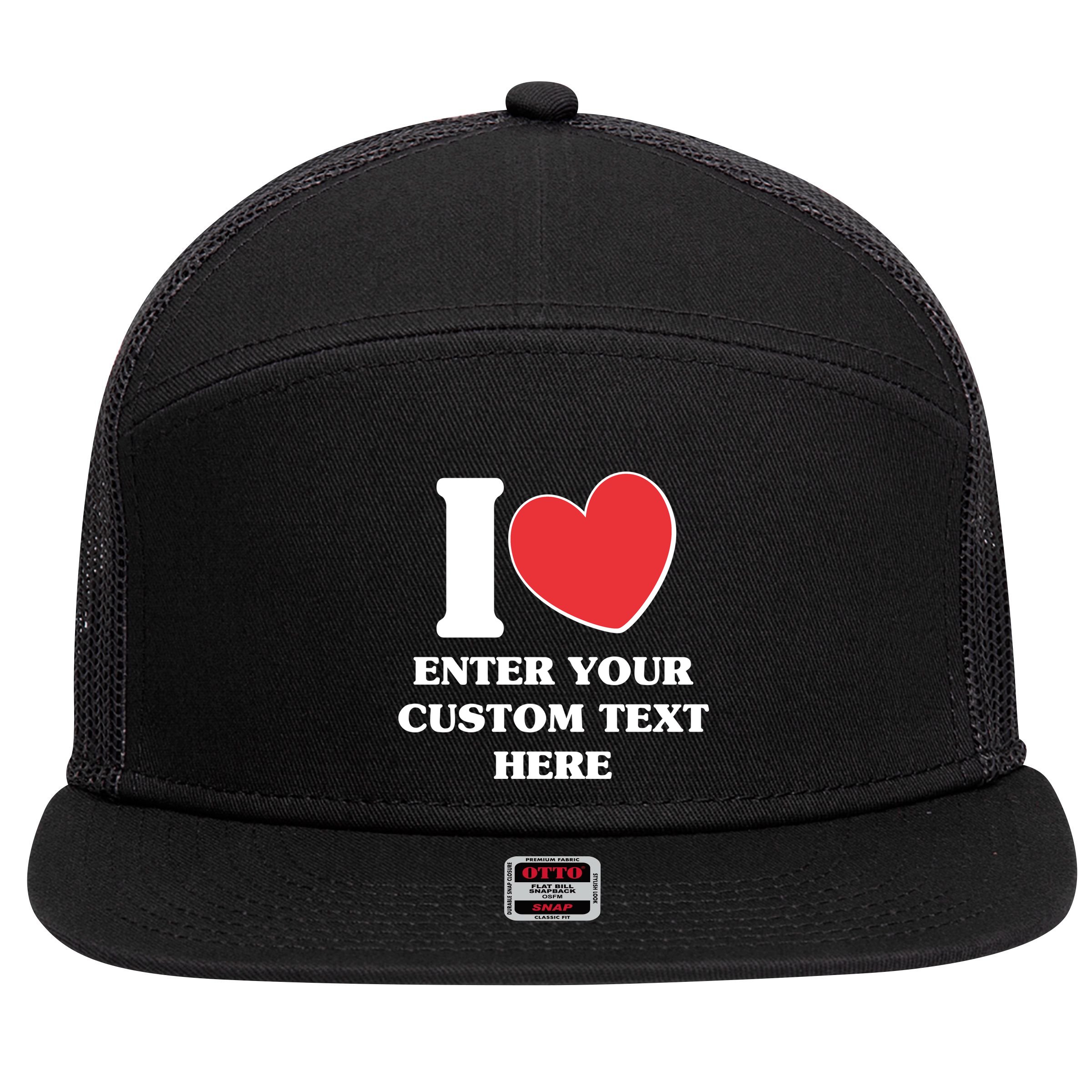 I Heart Love Custom Text Personalize 7 Panel Mesh Trucker Snapback Hat
