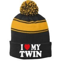 I HEART LOVE MY TWIN Stripe Pom Pom Beanie