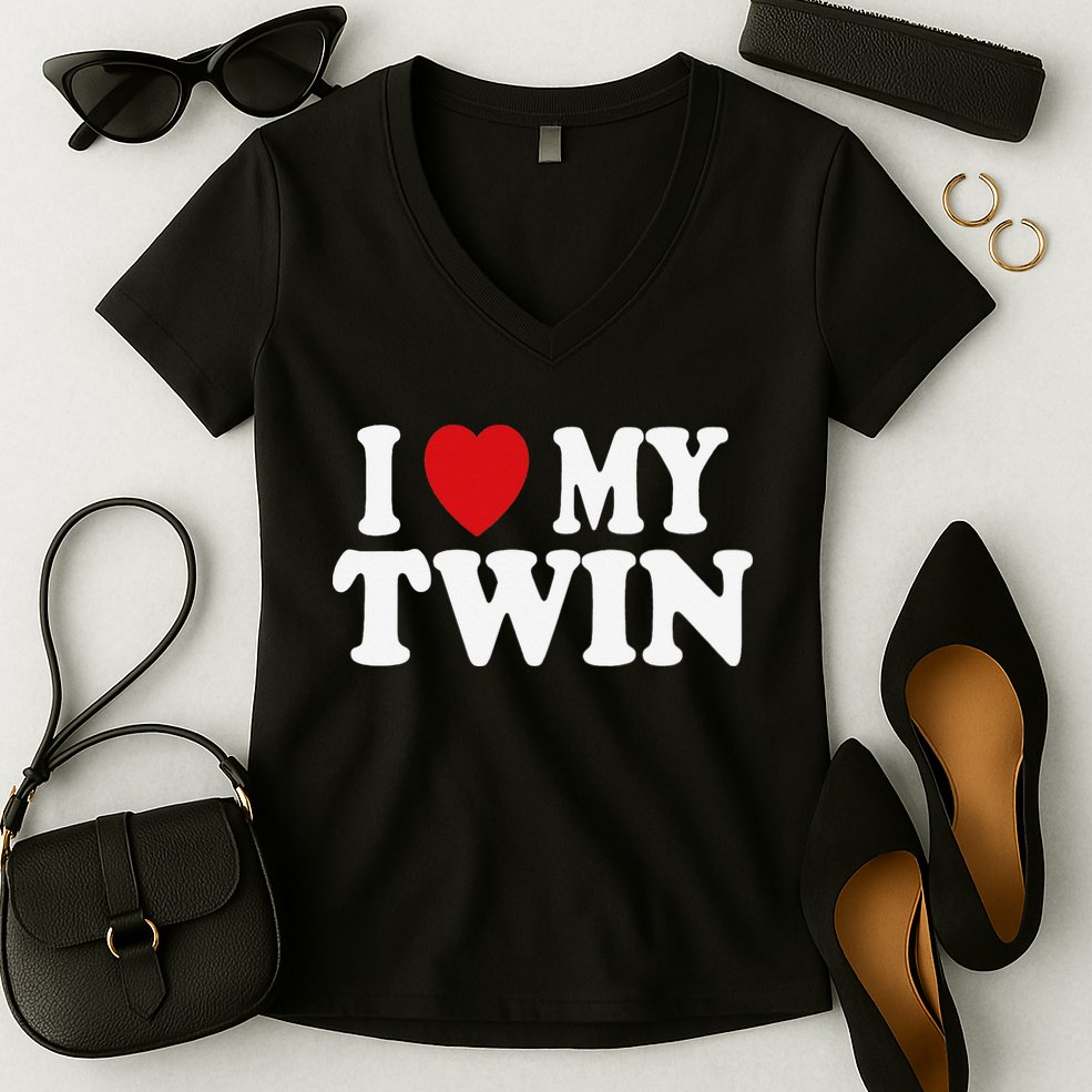 I HEART LOVE MY TWIN Women's V-Neck T-Shirt