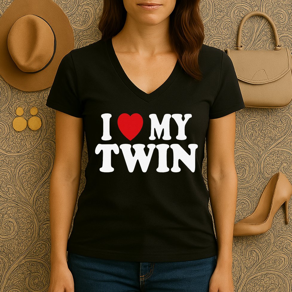 I HEART LOVE MY TWIN Women's V-Neck T-Shirt
