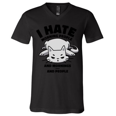 I Hate Mornings And People Funny Cat V-Neck T-Shirt