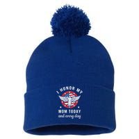 I Honor My Mom Today Gift Angel Solider Memorial Day Flag Gift Pom Pom 12in Knit Beanie