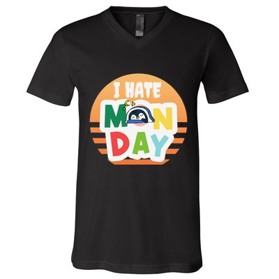 I Hate Monday Little Penguin Sleeping Working Day Design V-Neck T-Shirt