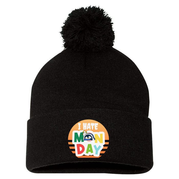 I Hate Monday Little Penguin Sleeping Working Day Design Pom Pom 12in Knit Beanie