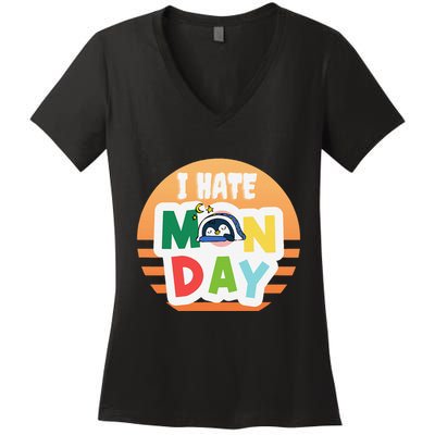 I Hate Monday Little Penguin Sleeping Working Day Design Women's V-Neck T-Shirt