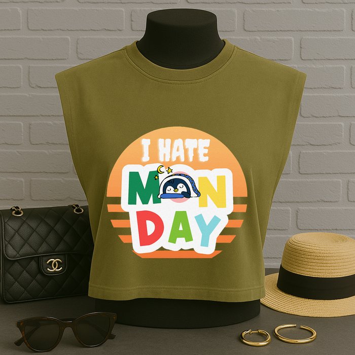 I Hate Monday Little Penguin Sleeping Working Day Design Garment-Dyed Women's Muscle Tee