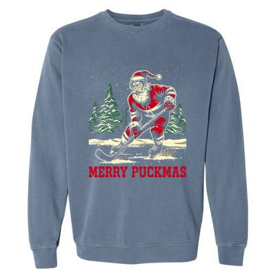 Ice Hockey Merry Puckmas Icehockey Player Christmas Ugly Gift Garment-Dyed Sweatshirt