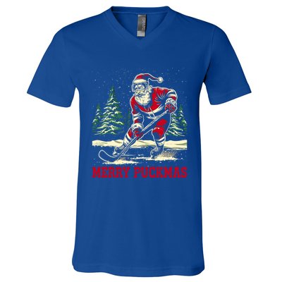 Ice Hockey Merry Puckmas Icehockey Player Christmas Ugly Gift V-Neck T-Shirt