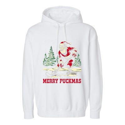 Ice Hockey Merry Puckmas Icehockey Player Christmas Ugly Gift Garment-Dyed Fleece Hoodie