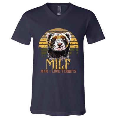 I Heart MILFs Man I Love Ferrets Lover Funny Ferret Mom V-Neck T-Shirt