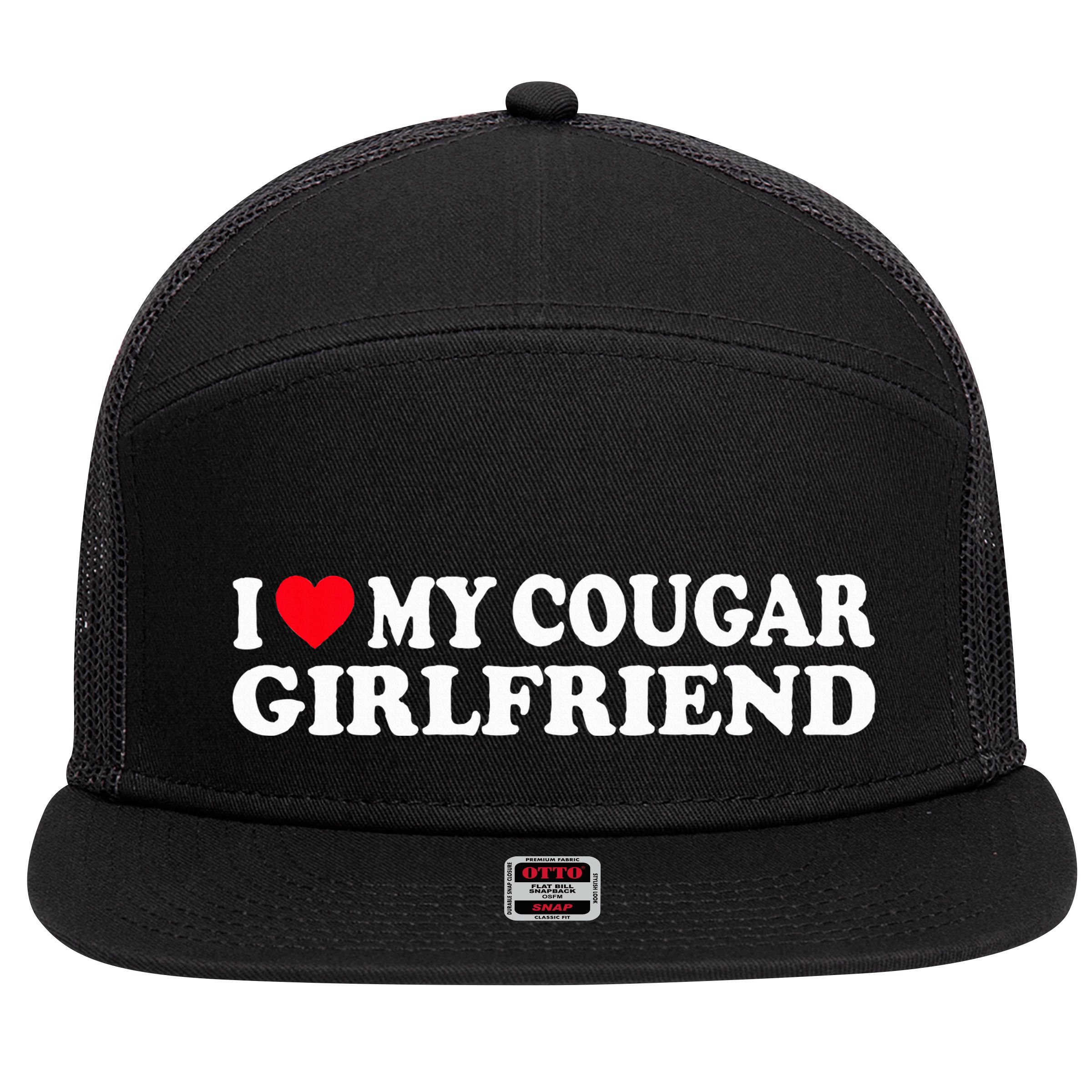 I Heart My Cougar Girlfriend GF I Love My Cougare 7 Panel Mesh Trucker Snapback Hat