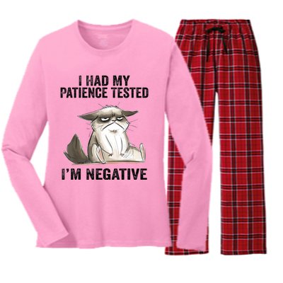 I Had My Patience Tested I'm Negative Cat Funny Sarcasm Women's Long Sleeve Flannel Pajama Set 