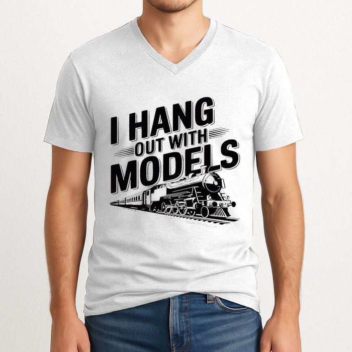 I Hang Out With Models Conductor Model Train Railway V-Neck T-Shirt