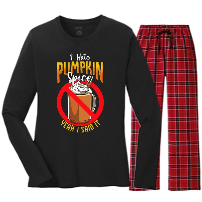 I Hate Pumpkin Spice Anti Pumpkin Spice Latte Coffee Funny Women's Long Sleeve Flannel Pajama Set 