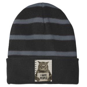 I Hate People Funny Jail Cat Striped Beanie with Solid Band