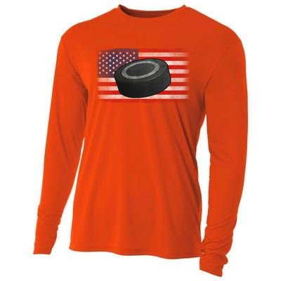 Ice Hockey Puck American Flag Usa Proud Ice Hockey Lovers Gift Cooling Performance Long Sleeve Crew