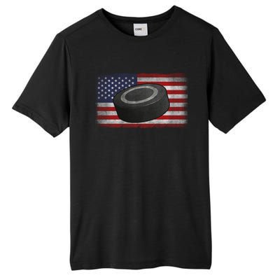 Ice Hockey Puck American Flag Usa Proud Ice Hockey Lovers Gift Tall Fusion ChromaSoft Performance T-Shirt