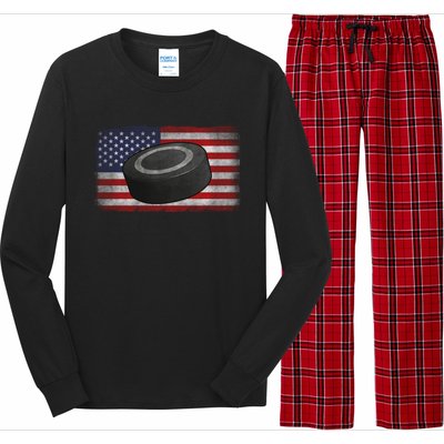 Ice Hockey Puck American Flag Usa Proud Ice Hockey Lovers Gift Long Sleeve Pajama Set