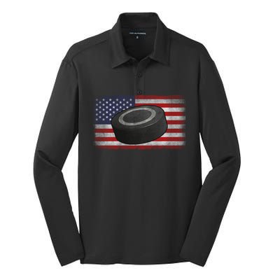 Ice Hockey Puck American Flag Usa Proud Ice Hockey Lovers Gift Silk Touch Performance Long Sleeve Polo