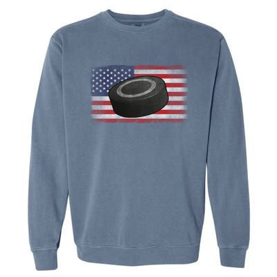 Ice Hockey Puck American Flag Usa Proud Ice Hockey Lovers Gift Garment-Dyed Sweatshirt