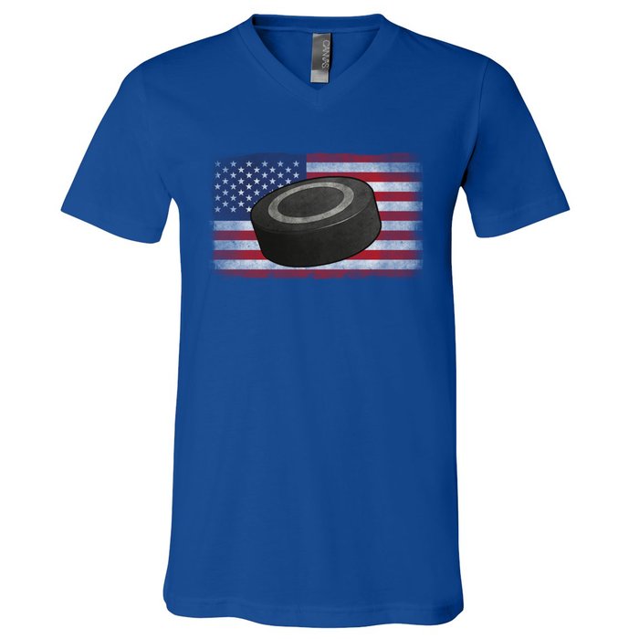 Ice Hockey Puck American Flag Usa Proud Ice Hockey Lovers Gift V-Neck T-Shirt