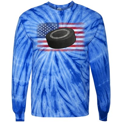 Ice Hockey Puck American Flag Usa Proud Ice Hockey Lovers Gift Tie-Dye Long Sleeve Shirt