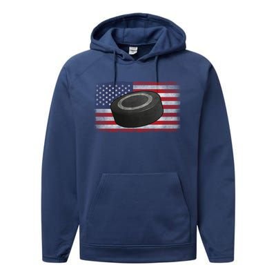 Ice Hockey Puck American Flag Usa Proud Ice Hockey Lovers Gift Performance Fleece Hoodie