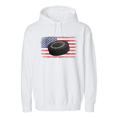 Ice Hockey Puck American Flag Usa Proud Ice Hockey Lovers Gift Garment-Dyed Fleece Hoodie