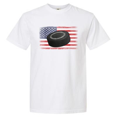 Ice Hockey Puck American Flag Usa Proud Ice Hockey Lovers Gift Garment-Dyed Heavyweight T-Shirt