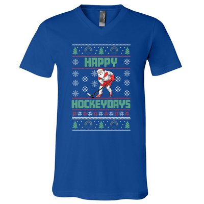 Ice Hockey Player Ice Sport Santa Puck Hockey Christmas Gift V-Neck T-Shirt