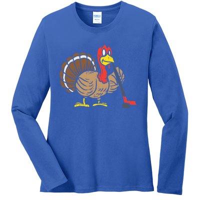 Ice Hockey Player Turkey Day Funny Thanksgiving Sport Gift Ladies Long Sleeve Shirt