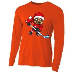 Ice Hockey Player Sloth Santa Winter Sports Christmas Gift Cooling Performance Long Sleeve Crew