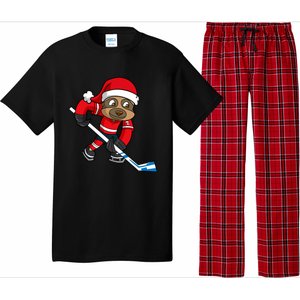 Ice Hockey Player Sloth Santa Winter Sports Christmas Gift Pajama Set